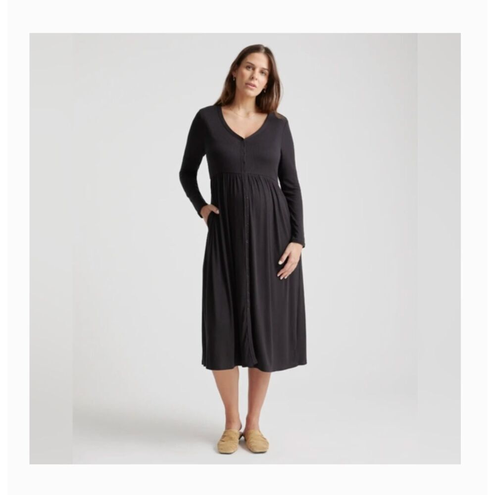 Quince Black Long Sleeve V-Neck Midi Dress